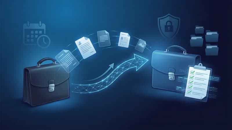 Ilustração de transição de maletas com documentos e checklist de migração contábil