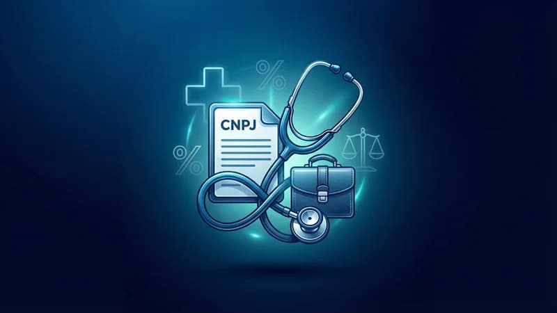Ilustração de estetoscópio com documento CNPJ e maleta profissional