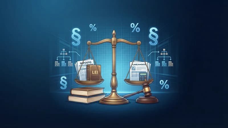 Ilustração de balança da justiça com livros de direito e documentos fiscais