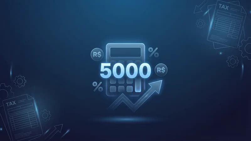 Ilustração de calculadora com símbolo R$ 5000 e elementos de imposto de renda